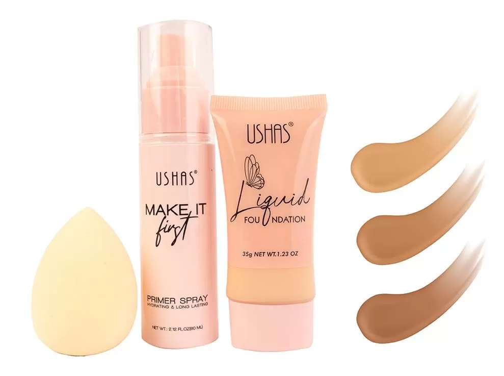 ZAR-CS419B Kit Primer + base líquida (tono oscuro) + Beauty Blender - Ushas