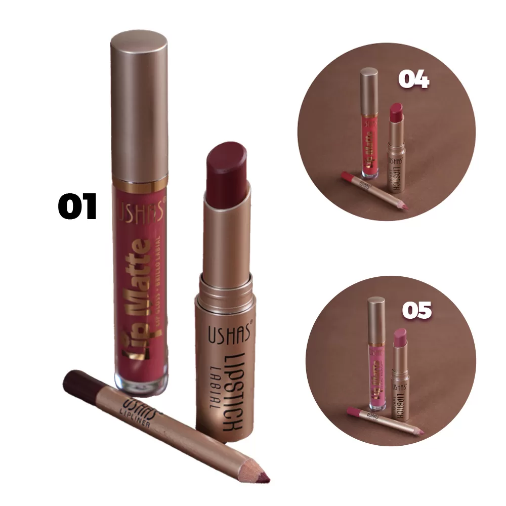 ZAR-US005 Lip Set 3 en 1 – Labial, Gloss y Delineador de Labios | Ushas