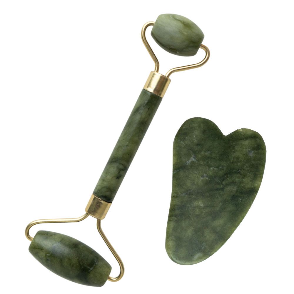 Rodillo Masajeador de jade + Guasha - Ushas kit masajeador facial de jade y guasha