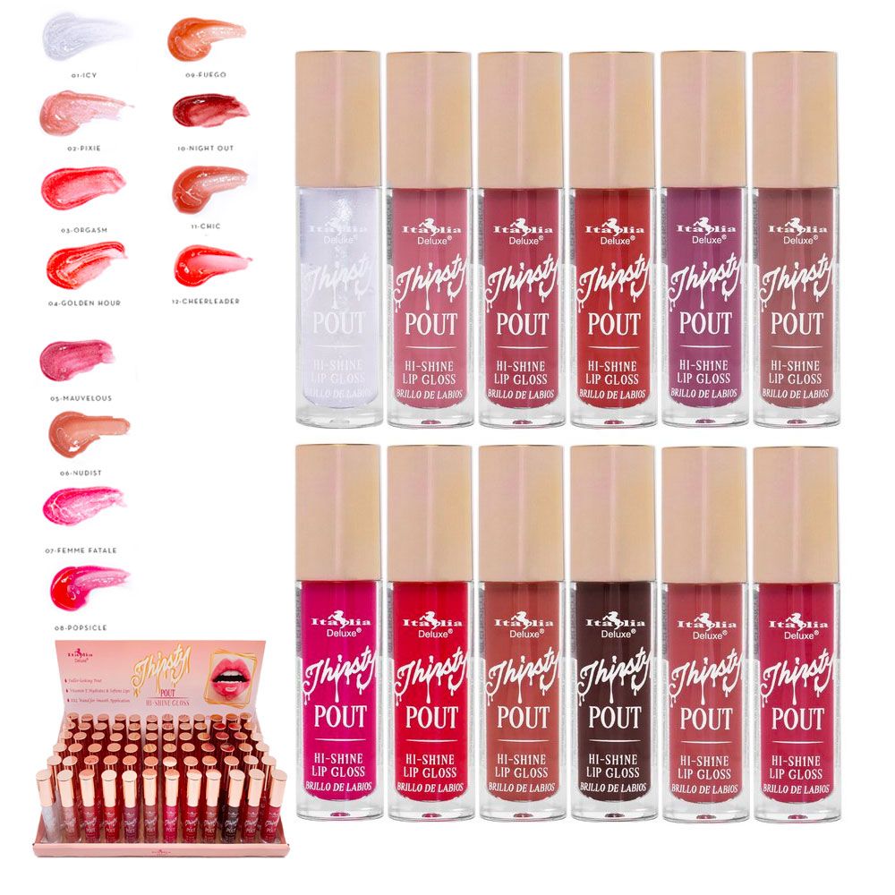 LIP GLOSS THIRSTY DP 12 TONOS - ITALIA DELUXE kit de brillo labial 12 tonos