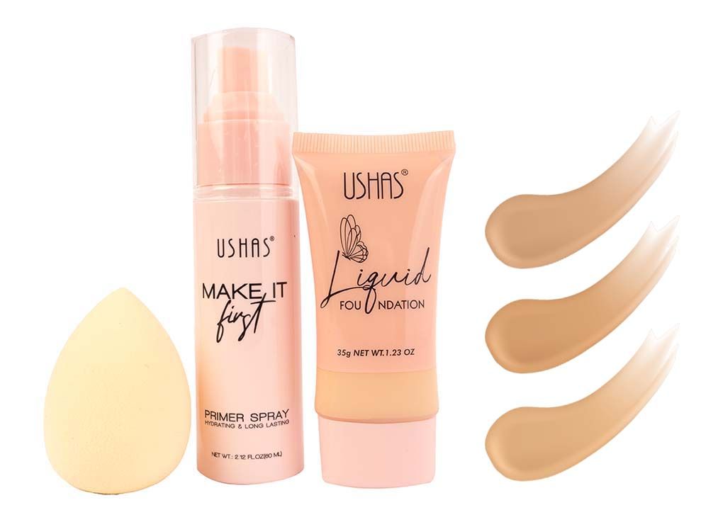 Kit Primer + base líquida (tono claro) + Beauty Blender - Ushas kit maquillaje base líquida tono claro